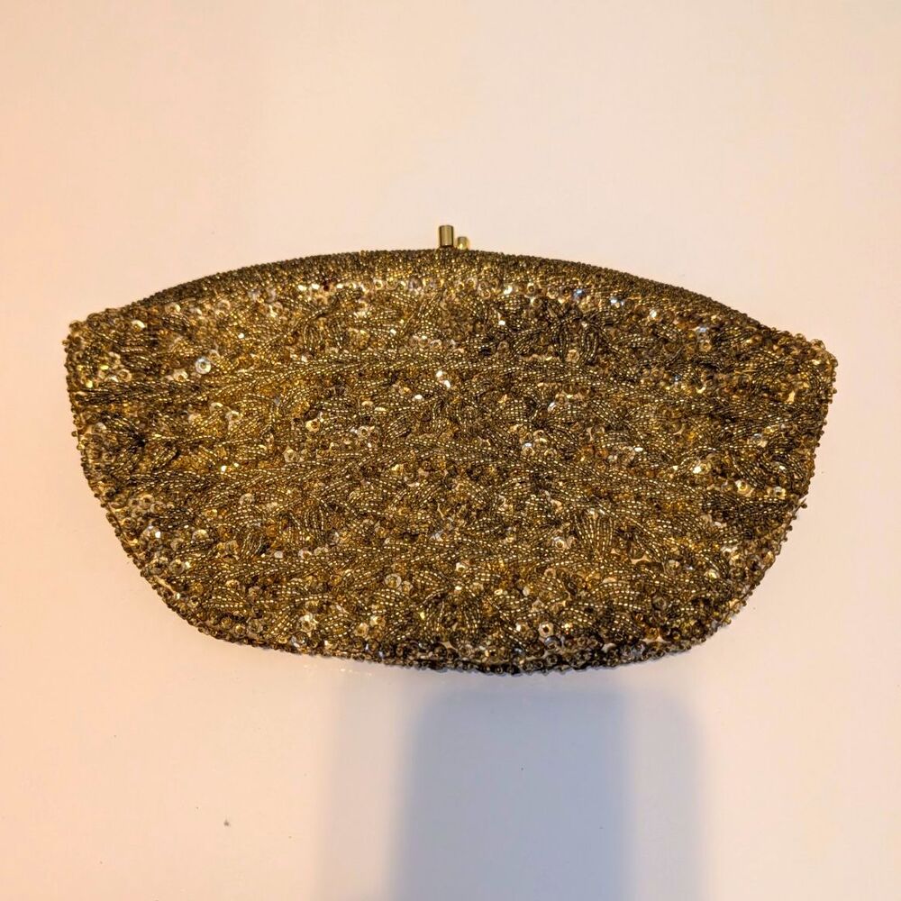 La Regale Ltd Gold Beaded Sequin Satin Kiss Lock Clutch w/ Strap